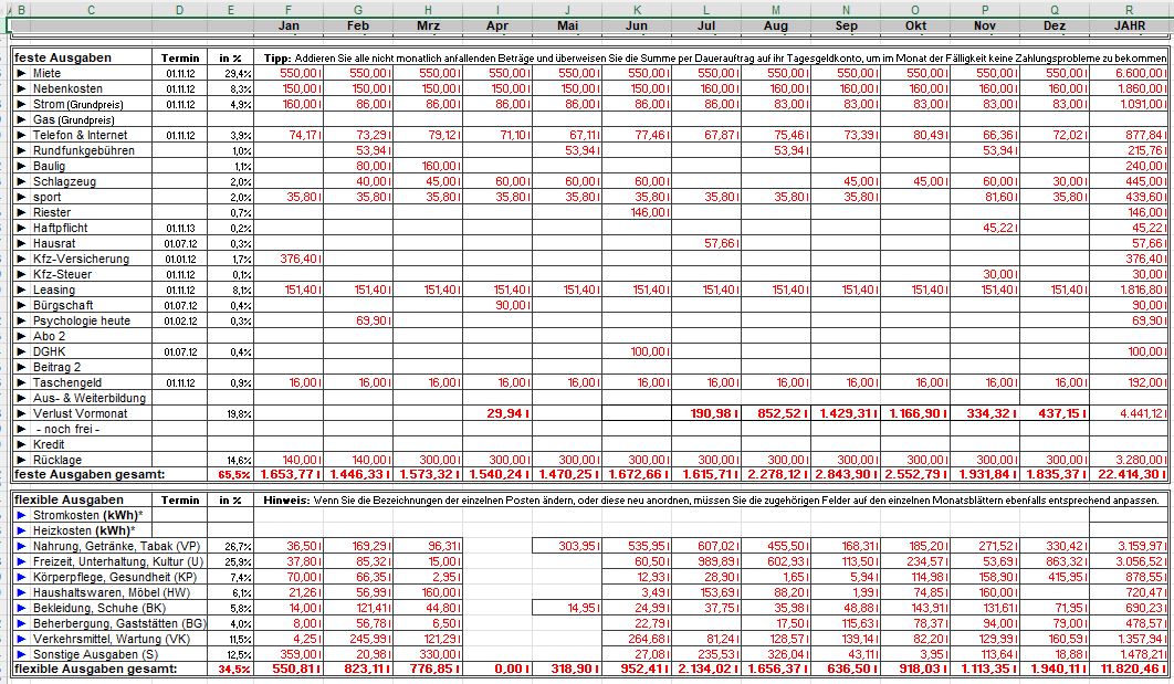 Ausschnitt Haushaltsbuch 2013